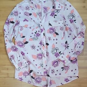 Candie's Light Lavender Floral and Butterfly Print Long Sleeve Collar Top XL